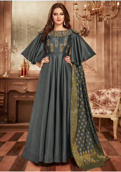 Designer Spruce Color Jacquard Party Wear Gown